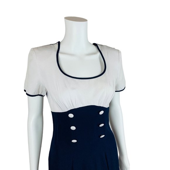 Vintage 1990s Sailor Style Dress Navy Blue White Long Empire Bust Rayon Midi - Picture 3 of 10